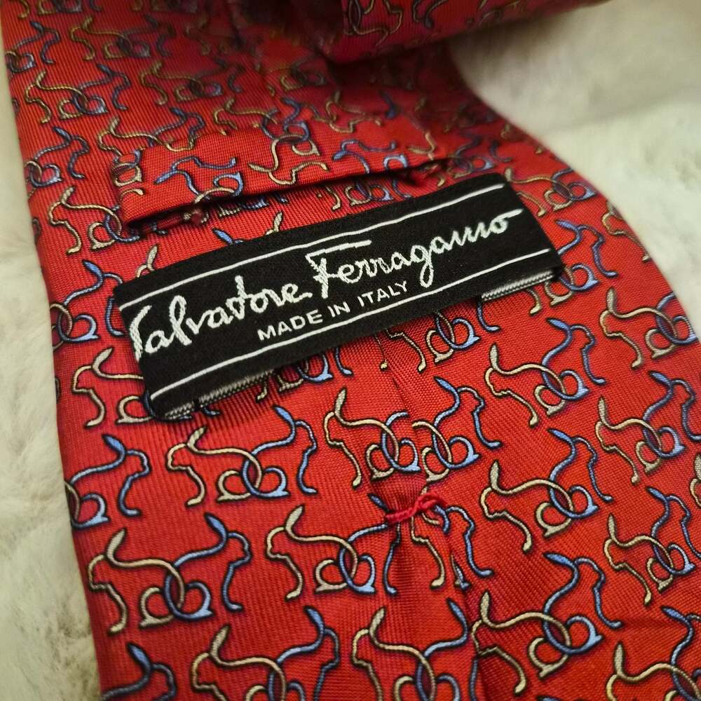 Salvatore Ferragamo Men's Red Silk Tie with Abstract Pattern Made in Italy